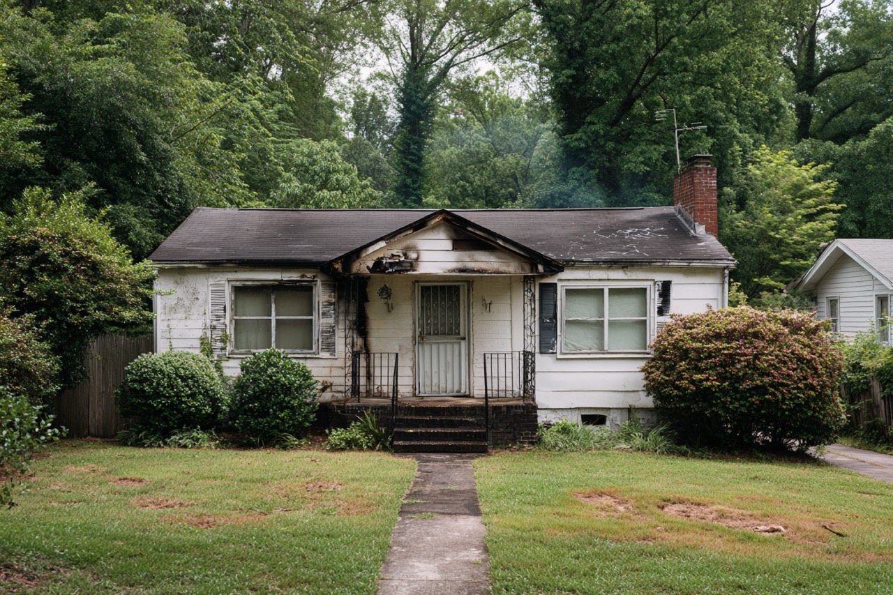 Fire damaged property in Atlanta Georgia showing smoke and structural damage